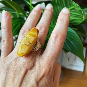 Calcite crystal statement ring with silver wire design